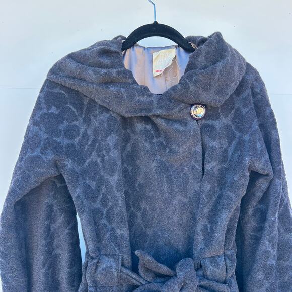 Rebecca Taylor Wool Angora Leopard Velvet Belted Coat Black 6 Puffy Voluminous - Picture 5 of 13